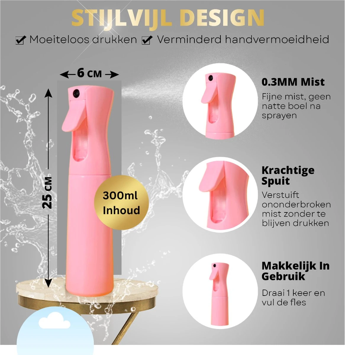 Merkloos Multifunctioneel Mist Sprayer Roze - Mist Verstuiver Water - Waterspray - Waterverstuiver Haar - Mist Sprayer - Spuitfles Haar - Plantenspuit - 300 Ml - Afbeelding 2