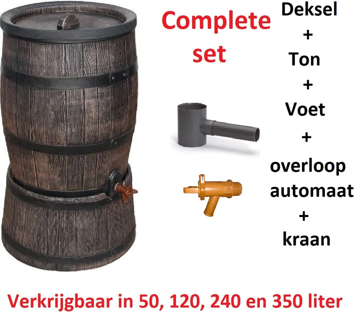 Exellent Regenton Met Voet, Houtlook, 120 Liter, Incl. Regenton Vulautomaat En Kraan