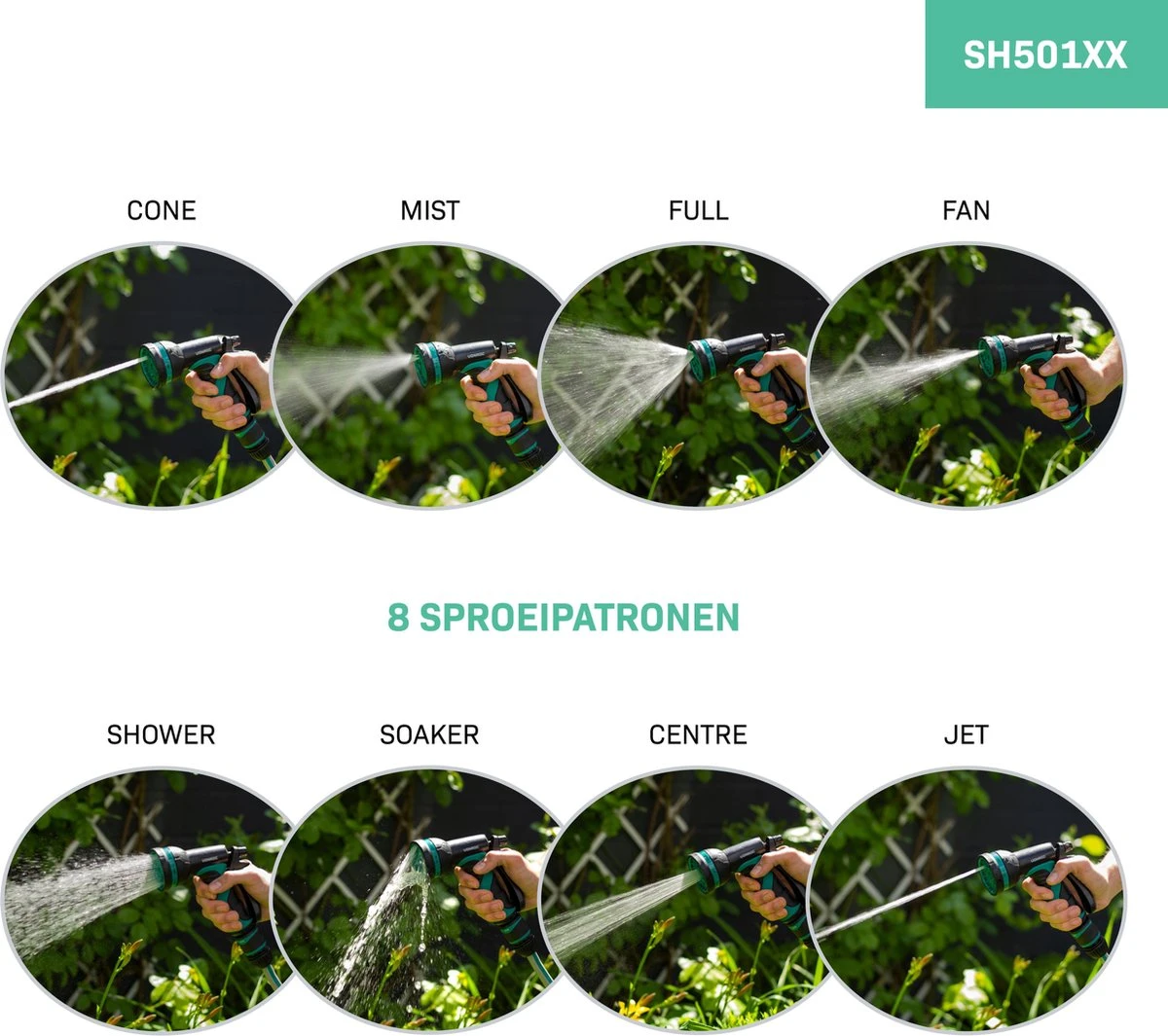 VONROC Broespistool & Spuitstuk Set – 8 Sproeipatronen En Regelbare Watertoevoer – Incl. Koppelingen - Afbeelding 2