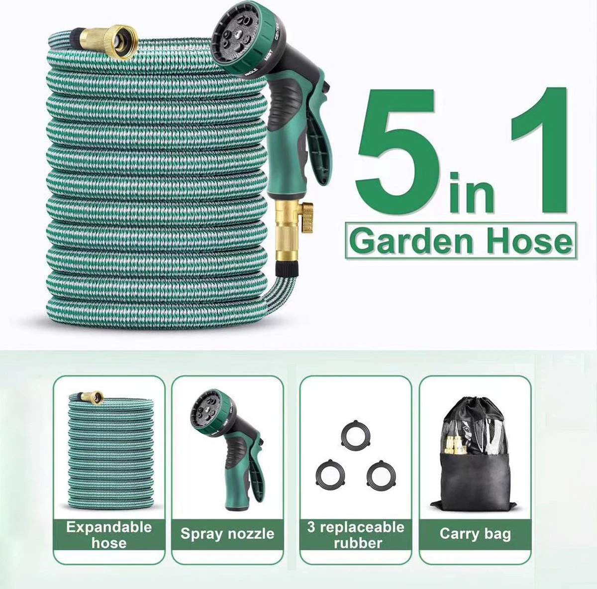 IBright Extra Sterke Uitrekbare Tuinslang - Flexibel - 15 Meter - Inclusief Opbergtas ,Sproeier ,Koppelstuk En Ophanghaak - Groen - Afbeelding 5