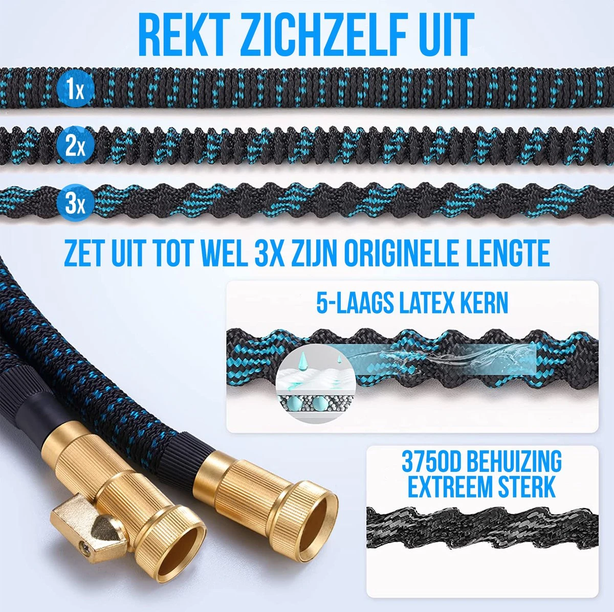 Strex Flexibele Tuinslang 15M Met Sproeikop - Uitrekbaar - Incl. Koppelingen, Ophanghaak & Opbergzak - Afbeelding 3