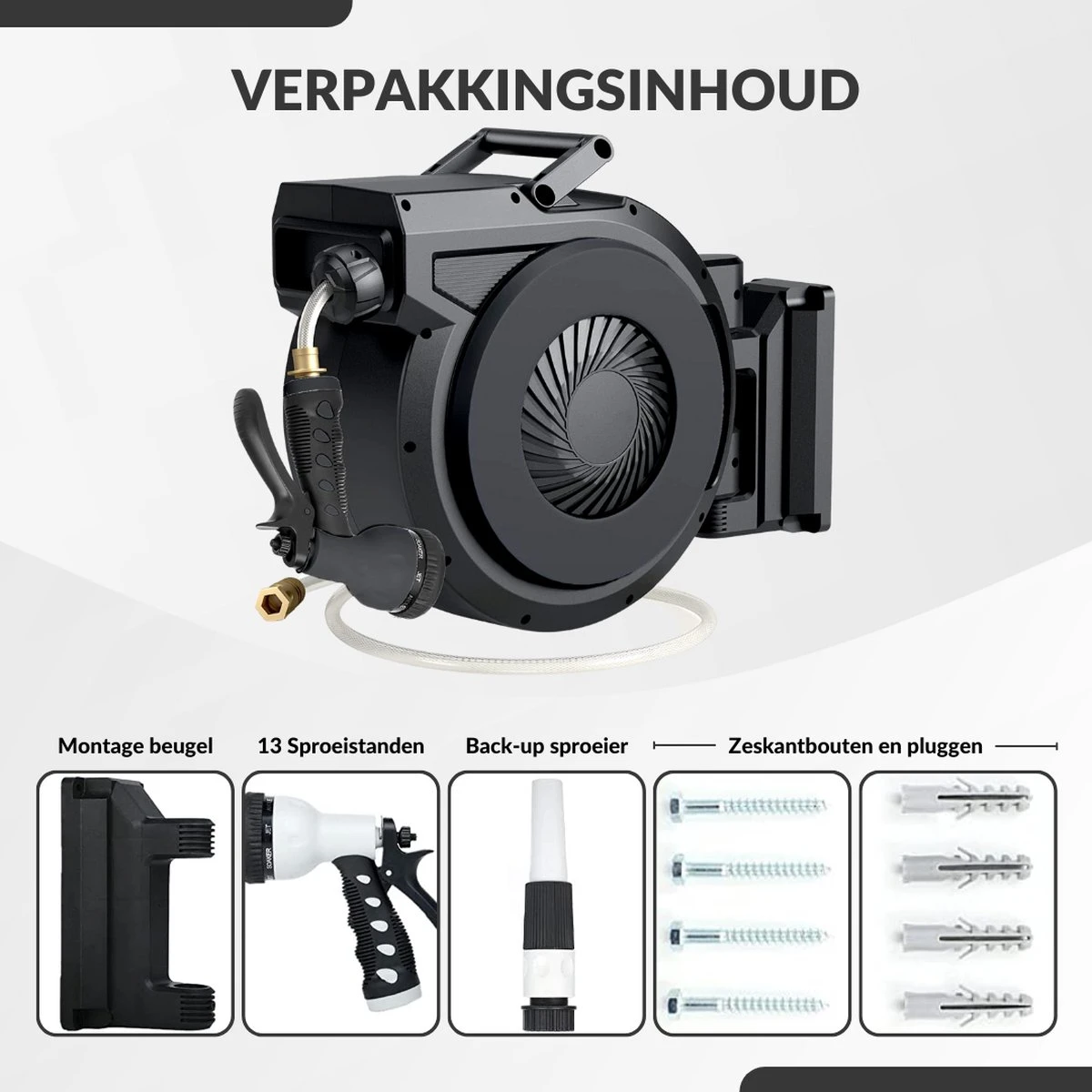 Buxibo - Wandslangenbox 20 Meter + 2 Meter - Tuinslang Met Haspel - 9 Sproei Standen - Slangenhouder 180° Draaibaar - Tuinslanghaspel Zwart+ Gratis Sproeier - Zwart - Afbeelding 5